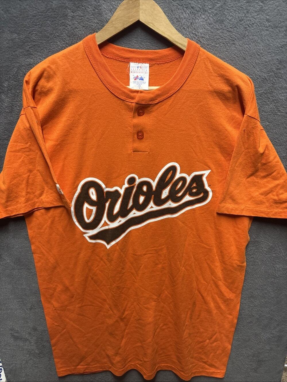 VTG Baltimore Orioles Shirt Mens large Orange Majestic #8 Short Sleeve Henley T